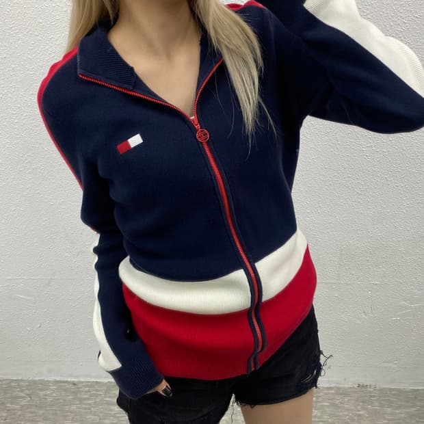 타미힐피거 레드배색 네이비 니트 집업 M