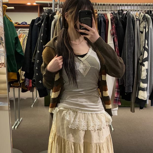 OS)Japanese vintage 여성 스트라이프 레이스 나시 (이염)