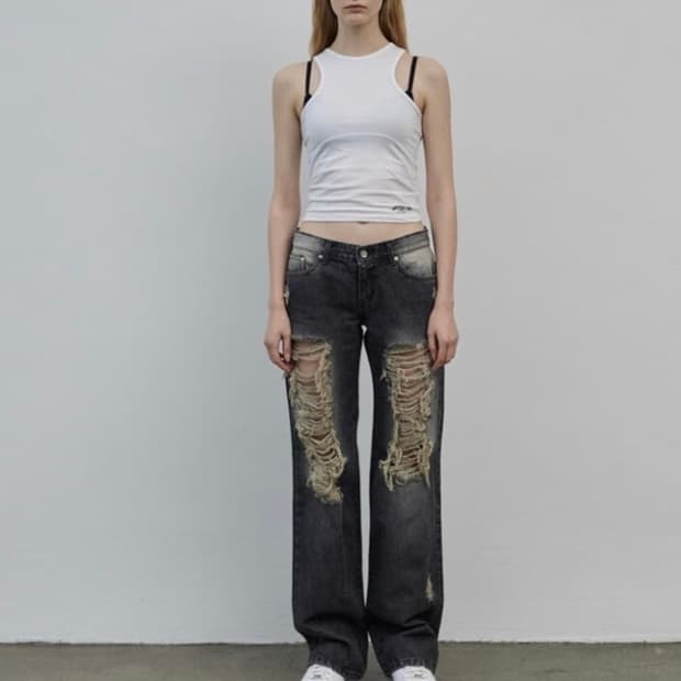 보헤미안서울 데미지 와이드 데님 팬츠 그레이 L