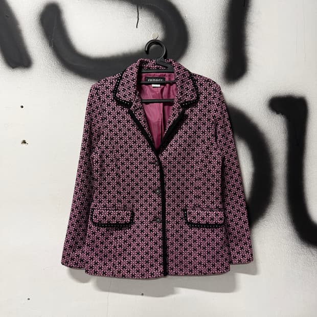 VTG 빈티지 블랙 핑크 모노 패턴 큐빅 디테일 카라 울혼방 자켓