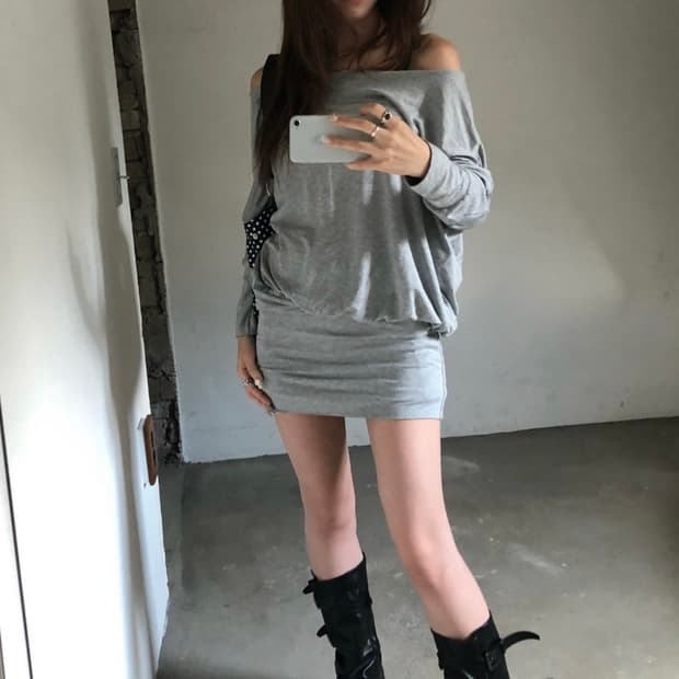 슬립오버 kate ops 투웨이 오프숄더 보트넥 레이어드 원피스 그레이