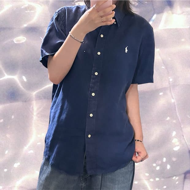 폴로 랄프로렌 신형 린넨 반팔 셔츠 네이비 M