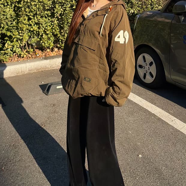 후아유 카키 y2k 기모 후드 반집업(L)