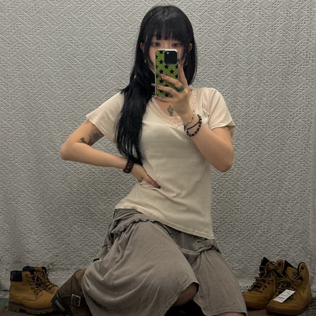 빈티지 러블리 코지 모리 딸기우유 오트밀 레이스 반팔티 K0273