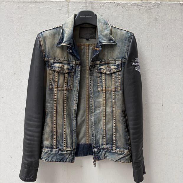 no id leather arm denim jacket
