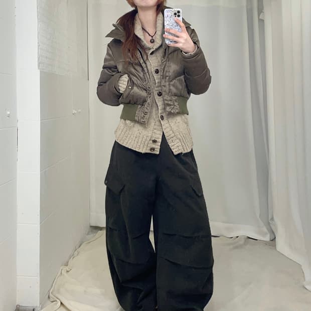 빈티지 카키 아이보리 캐주얼 폭닥 코디 세트