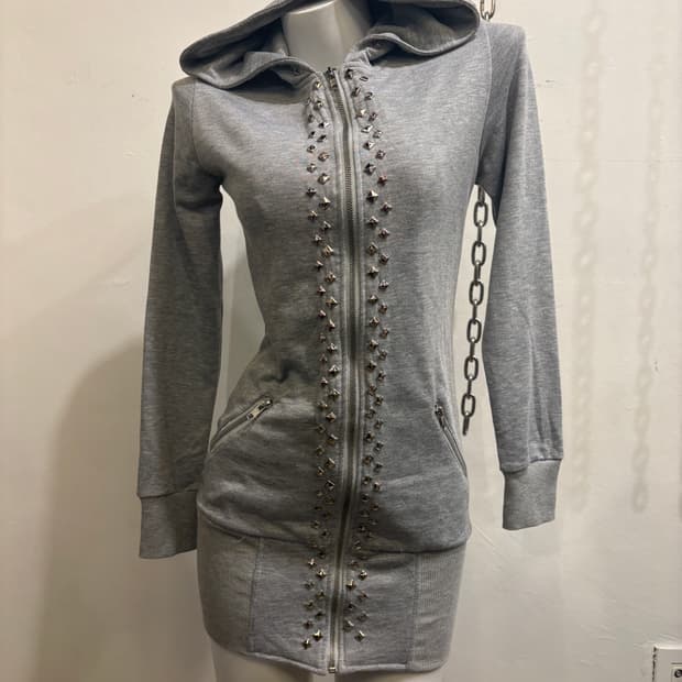 스터드 그레이 롱 후드집업 펑크 y2k