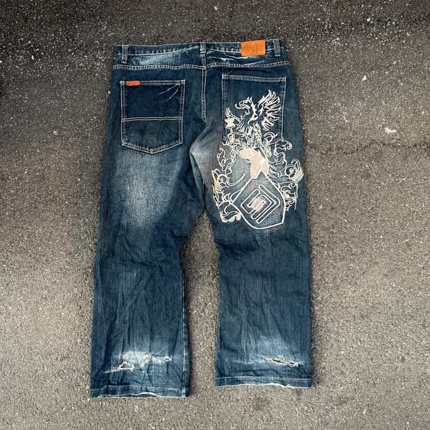 90s 션존 오리엔탈 자수 와이드 데님 청바지 올드스쿨 힙합 팬츠 40