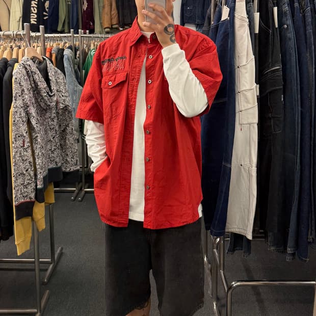 XL)할리데이비슨 빈티지 불꽃자수 로고 프린팅 반팔 셔츠