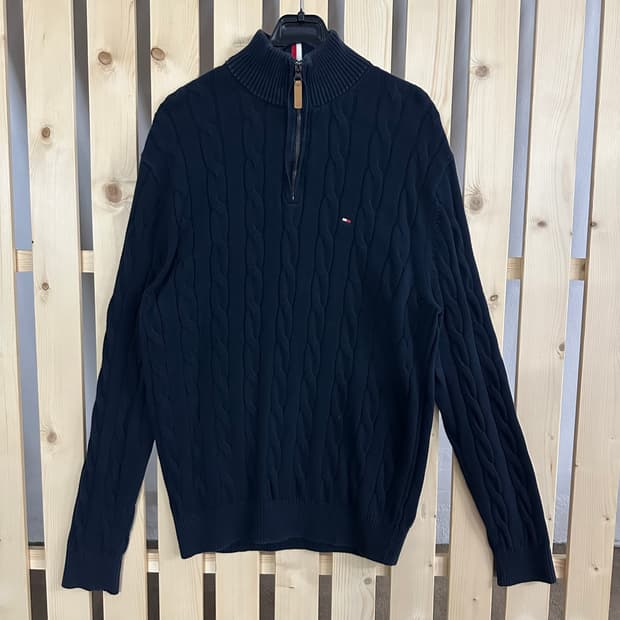 (L) 타미힐피거 케이블 네이비 니트 반집업