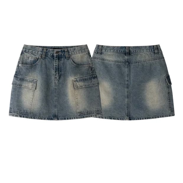 레더리 카고 데님 미니스커트 연청