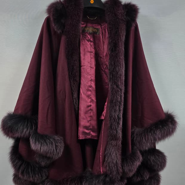 발망 캐시미어 폭스 퍼 트리밍 망토 코트 버건디 Free