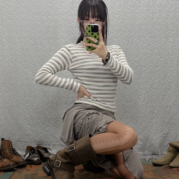 빈티지 레트로 스트라이프 스판 딱붙핏 긴팔 롱슬리브 K0026
