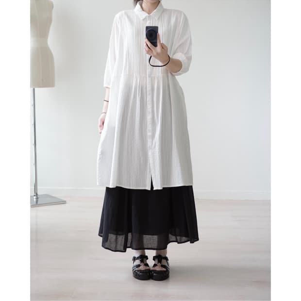 Pintuck Shirring Shirt Dress