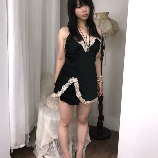 black satin pink lace trimed slip dress