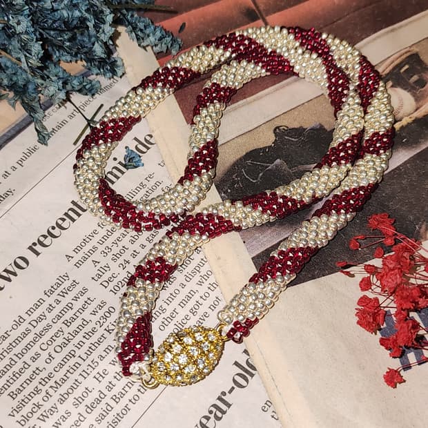 90s 프랑스 빈티지 목걸이 크로셰 비즈 로프 목걸이 엔틱 쥬얼리