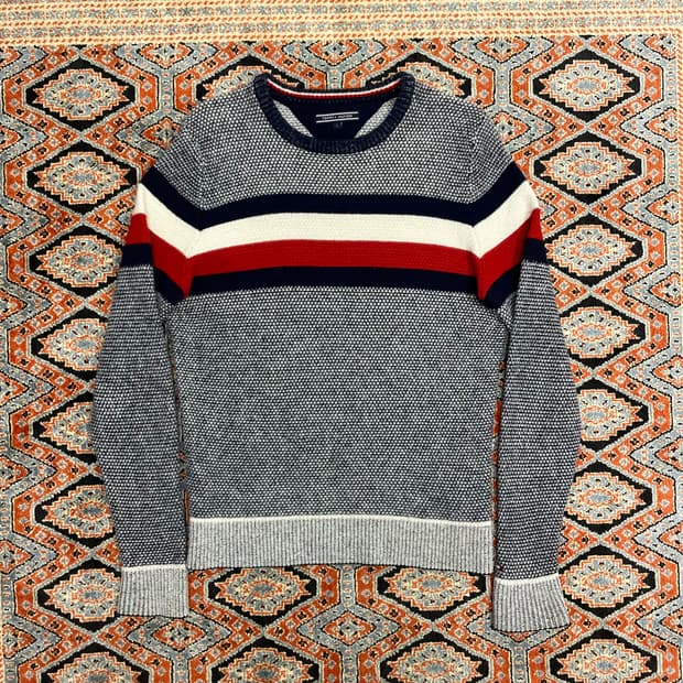 타미힐피거 네이비 스트라이프 패턴 울니트 남성S