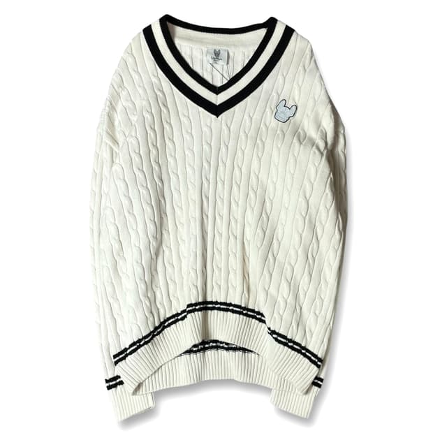 라이프워크 로고패치 화이트 꽈배기 브이넥 니트 L