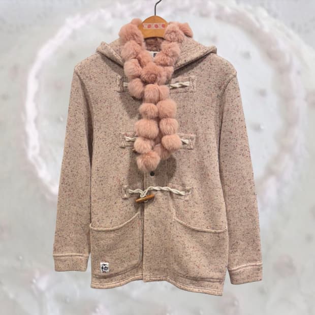 CHUMS 핑크 베이지 보카시 더플 후드 니트 코트 모리걸 일본 떡코