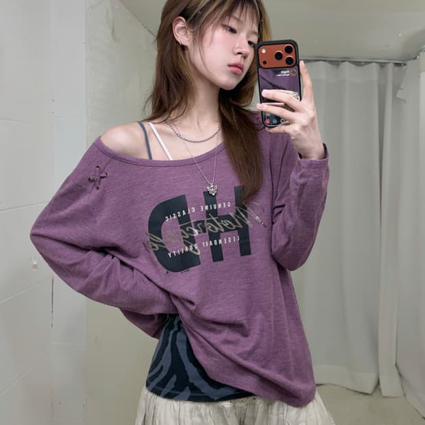 (상의 세트) 할리데이비슨 아일렛 디테일 퍼플 롱슬리브 + 지브라 나시