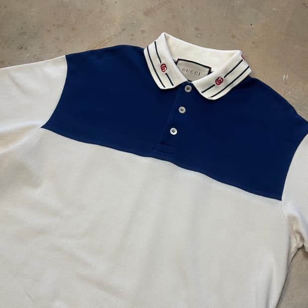 L 구찌 아이보리 네이비 배색 카라 반팔 티셔츠