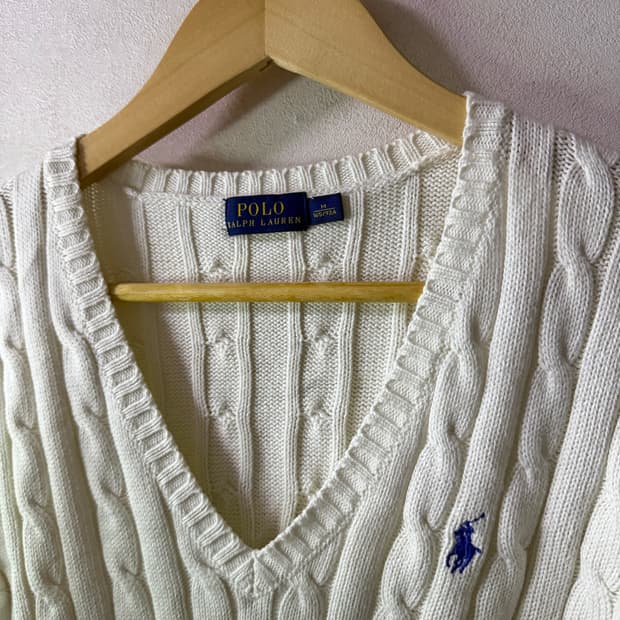 폴로 랄프로렌 화이트 브이넥 여성 케이블 니트 M (여성 66정도)