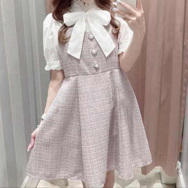 evelyn 에블린)양산형 스나계st 핑크 트위드 글리터 진주 원피스op