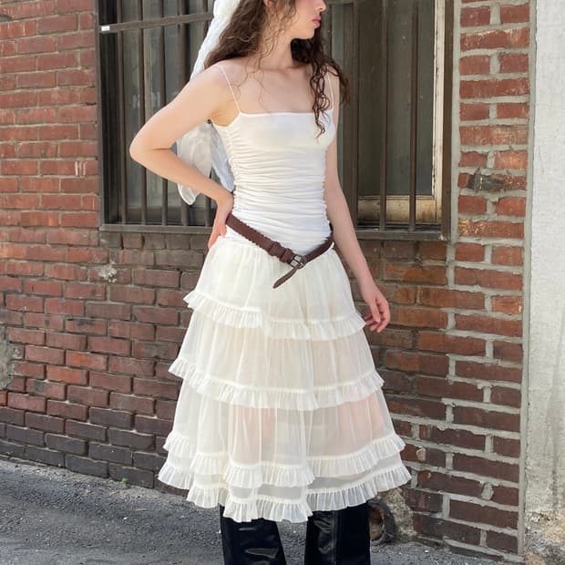 루즈슬립오버 쉬어 메쉬 미디 드레스