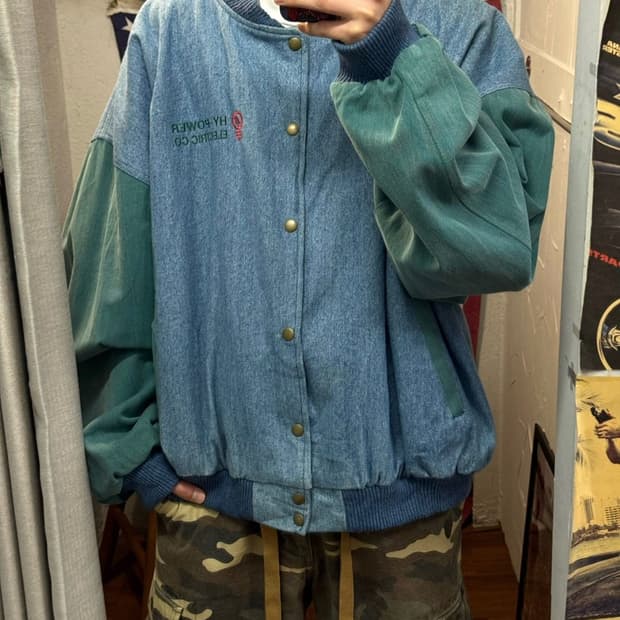 USA VTG 90s 빈티지 데님 바시티 그린 배색 워크 자켓