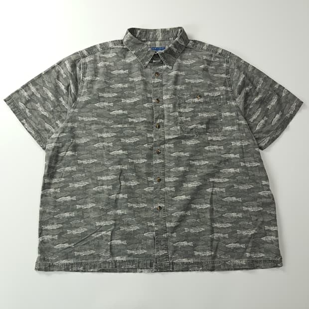 CJ004 2XL 퓨리탄 00s 피시 패턴 차콜 반팔 셔츠 남방