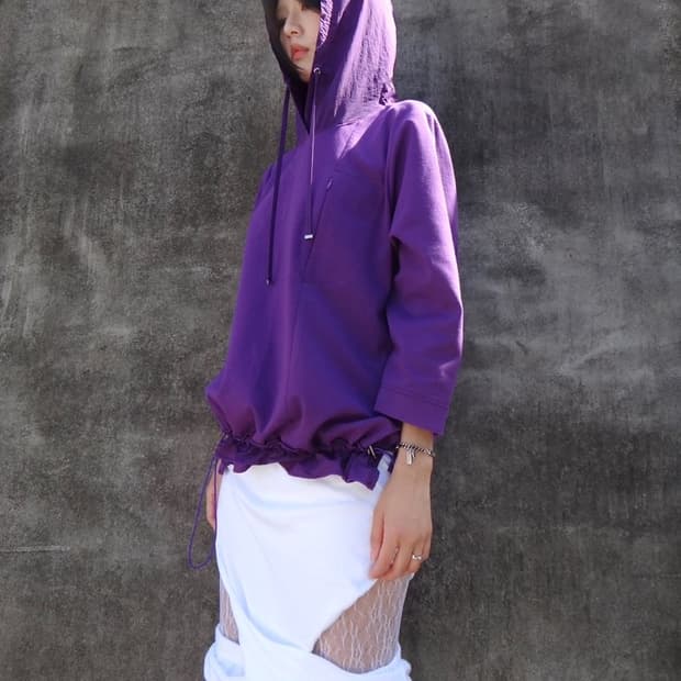 Hoodie wrinkle half top / purple 