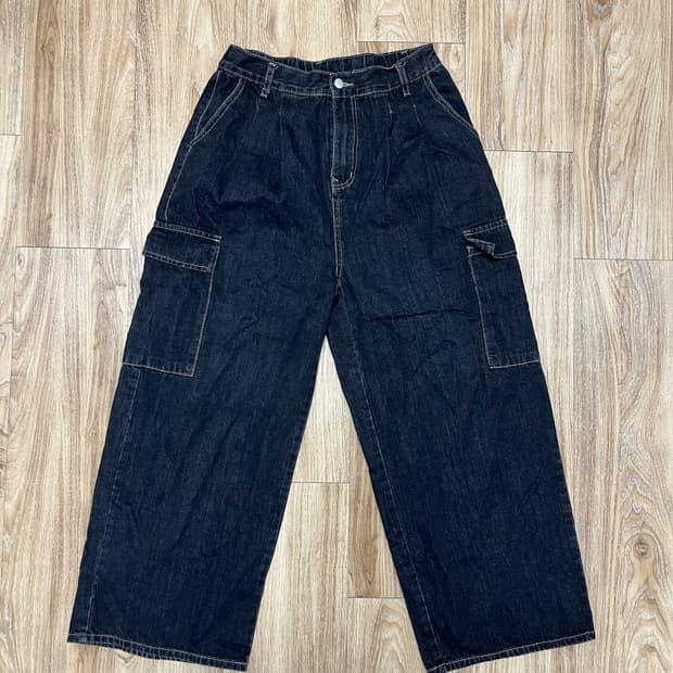 와이드 카고 흑청바지 