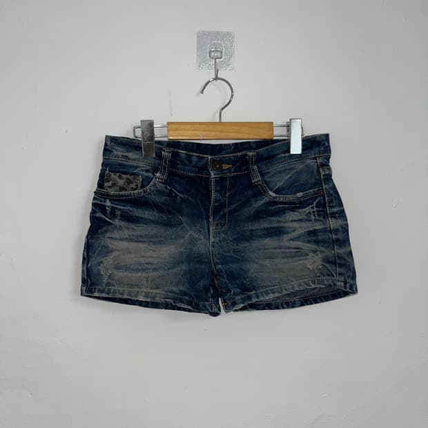 데님 레오파드 포켓 숏팬츠