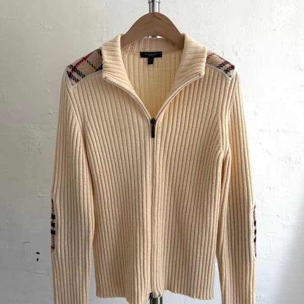 Burberry 버버리 아이보리 노바체크 패치 니트 집업