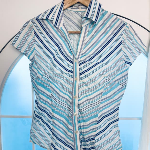 블루 스트라이프 빈티지 반팔셔츠