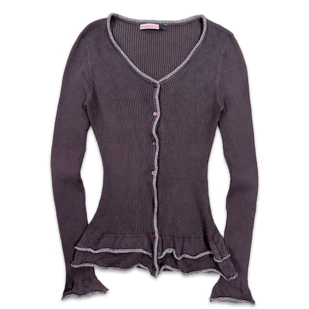 빈티지 퍼플 그레이 슬림핏 프릴 니트 가디건