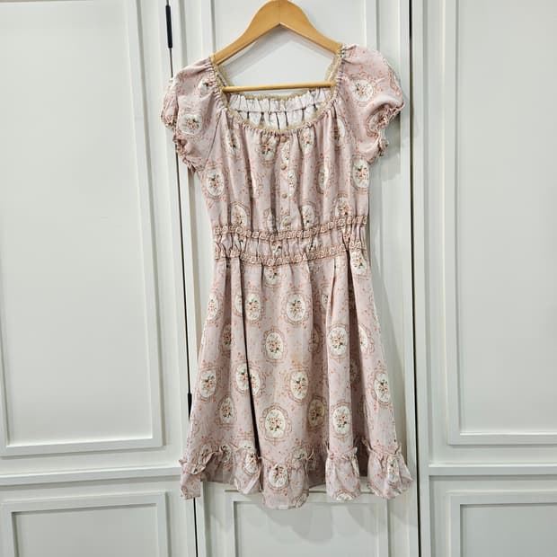 빈티지 플라워 핑크 원피스 프릴 장식