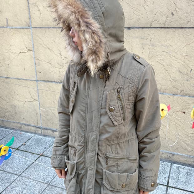 일본 빈티지 카고 포켓 넥버클 퍼야상 자켓