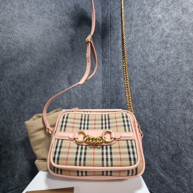 버버리 빈티지 체크 코튼 핑크 링크 체인 카메라백