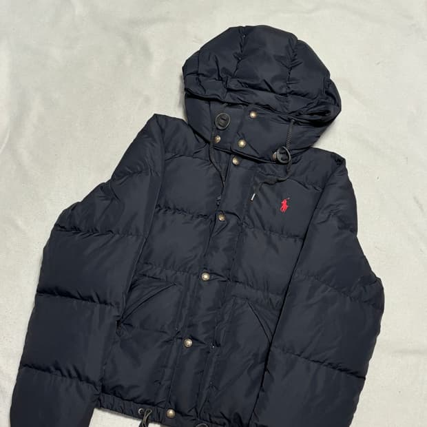 L 폴로랄프로렌 레드 포니 여성용 블랙 덕 다운 후드 패딩