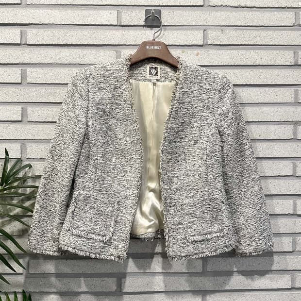 USA VINTAGE 크롭 트위드 오픈 자켓 노카라 프린지 디테일 그레이