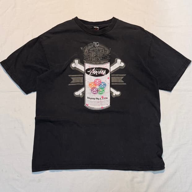 00s 스투시 크로스 본 스프레이캔 티셔츠 블랙