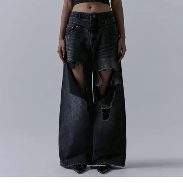 트리밍버드 플립 데미지 블랙 데님 팬츠1 블랙