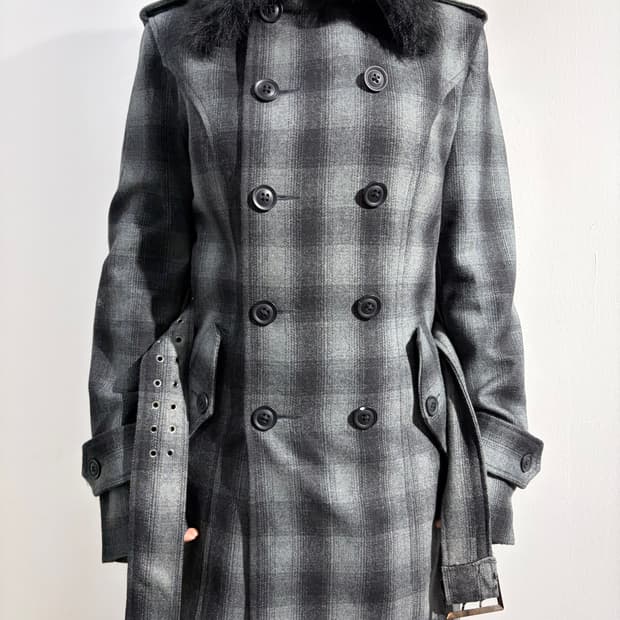 일본빈티지 Roshell 카라 퍼 차콜 체크 미디코트