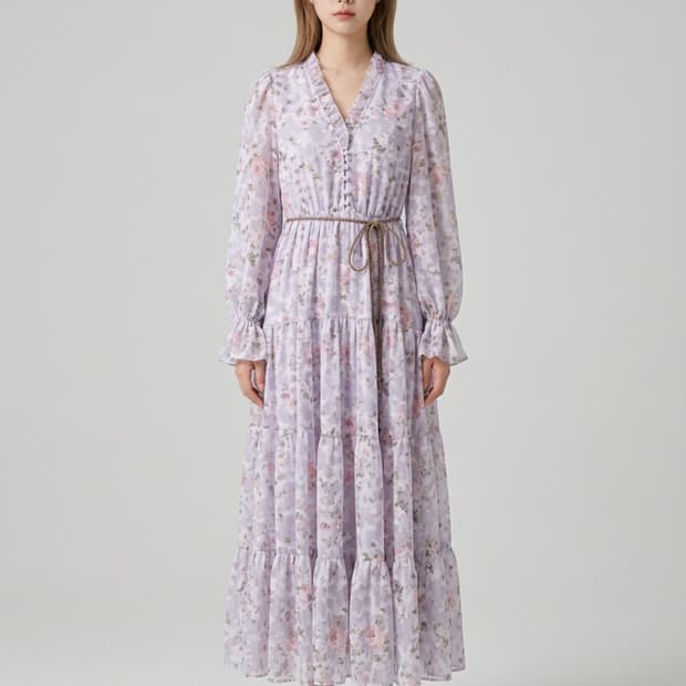 SJSJ 라벤더 플로럴 쉬폰 롱 원피스