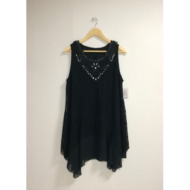 빈티지 스팽글 뜨개 블랙 레어이드 슬리브리스 튜닉