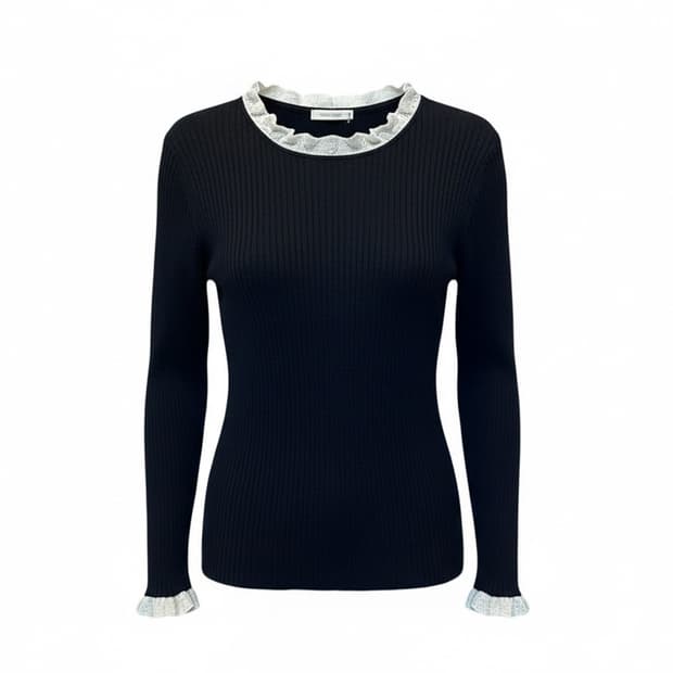 JPN VINTAGE 롱슬리브 골지 니트 레이스 프릴 디테일 슬림핏 남색