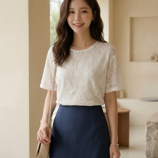 ♧ 페이우 FAYEWOO 화이트 레이스 반팔 블라우스 55