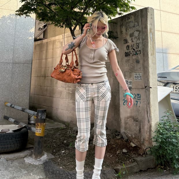 버버리 블루라벨 노바체크 카프리팬츠
