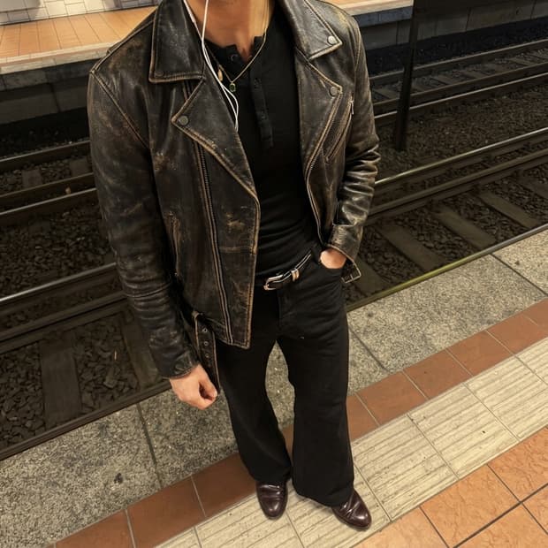 자라 빈티지 워싱 레더 라이더 자켓 XL